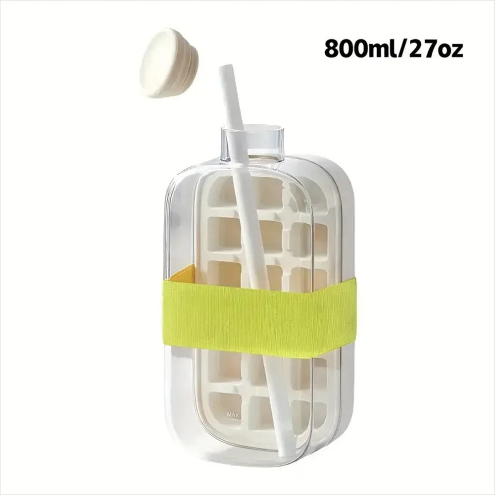 Ice cube bottle with straw, 2-in-1 touchless push-type ice cube bottle, easy-to-detach water bottle ice mold
