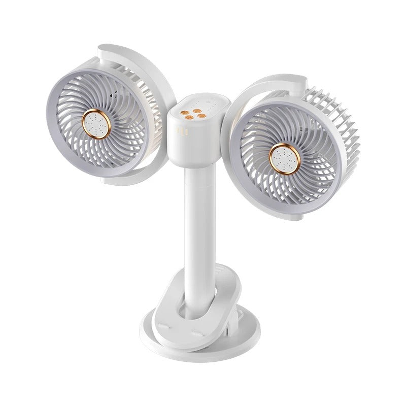 Dual head, independent control, multi-angle fan, vertical/clip-on, height adjustable