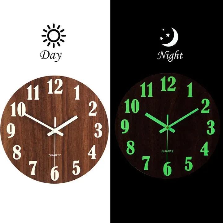 Night Light Wall Clock, Big size Glow in The Dark Wooden Wall Clock, Battery Operated Luminous Wall Clock