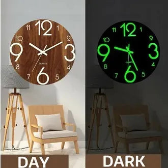 Night Light Wall Clock, Big size Glow in The Dark Wooden Wall Clock, Battery Operated Luminous Wall Clock