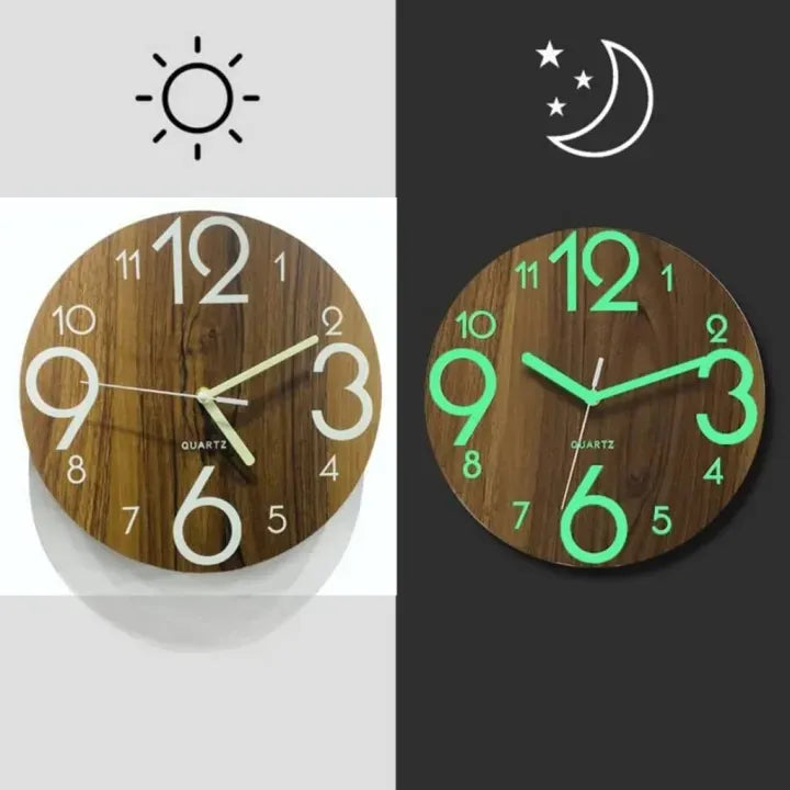 Night Light Wall Clock, Big size Glow in The Dark Wooden Wall Clock, Battery Operated Luminous Wall Clock