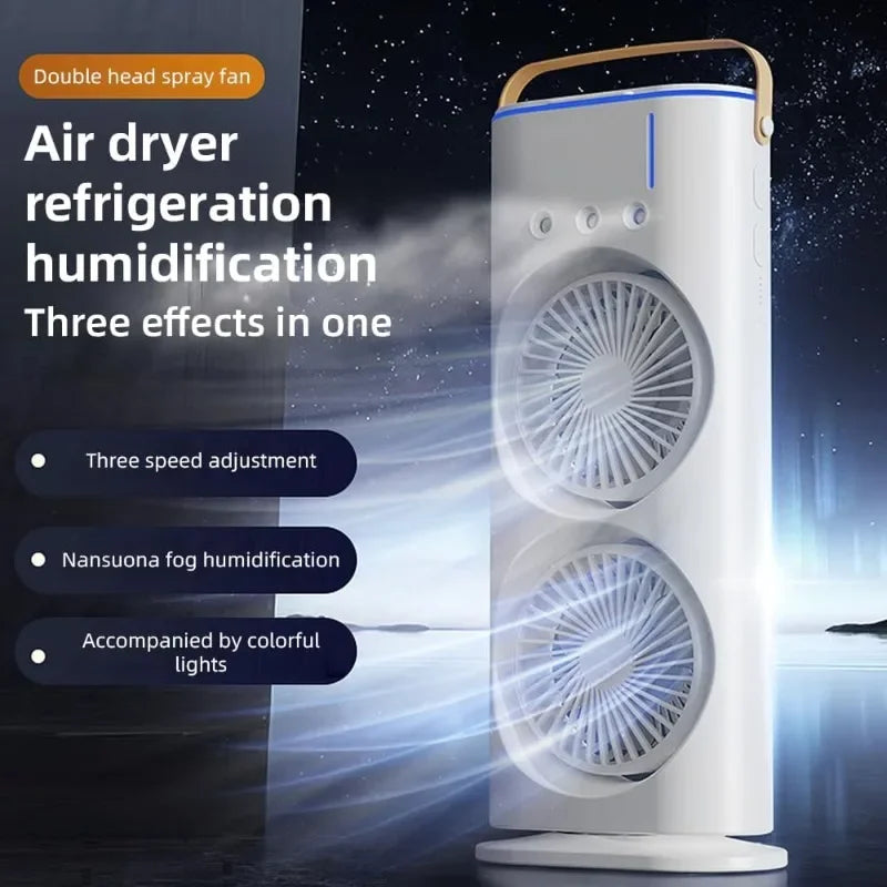 Dual Head Spray Tower Fan with Remote Control, Humidifier, Rechargeable Desk Fan with 3 Wind Speeds for Home, Office, Travel, and Camping