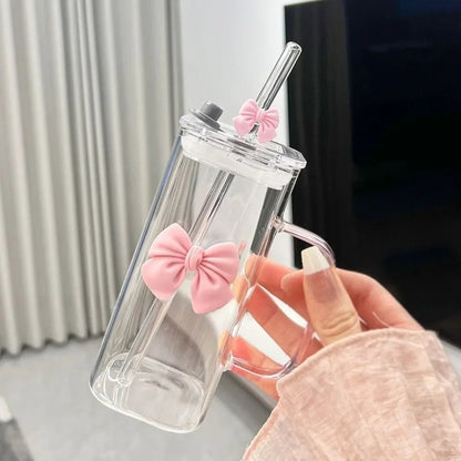 Korean-style glass mug with bow and straw lid, suitable for coffee cups