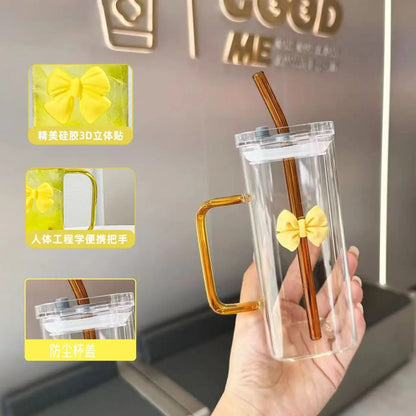 Korean-style glass mug with bow and straw lid, suitable for coffee cups