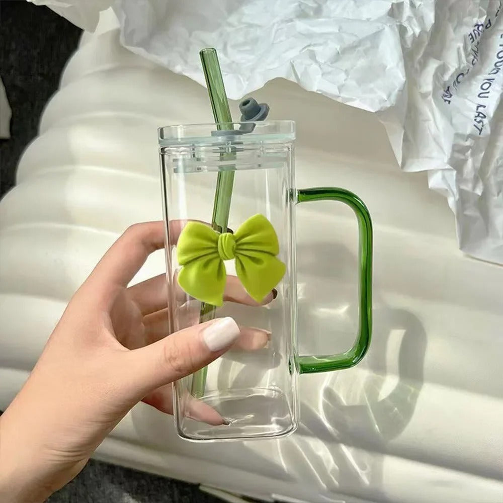 Korean-style glass mug with bow and straw lid, suitable for coffee cups