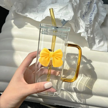 Korean-style glass mug with bow and straw lid, suitable for coffee cups
