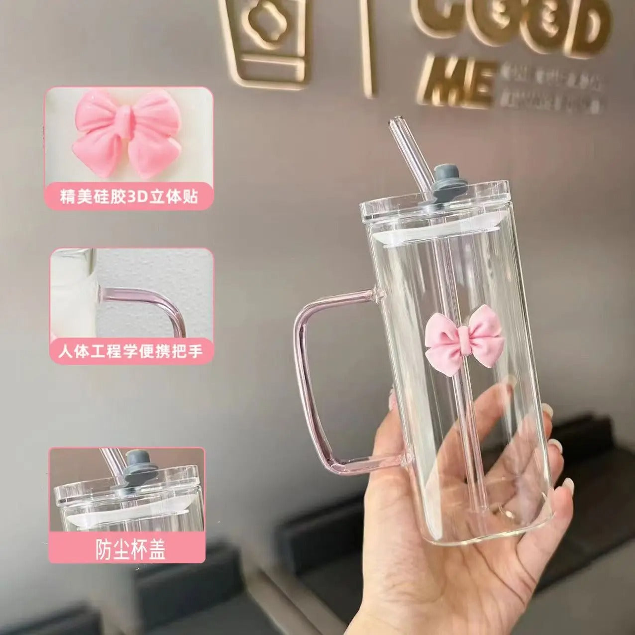 Korean-style glass mug with bow and straw lid, suitable for coffee cups