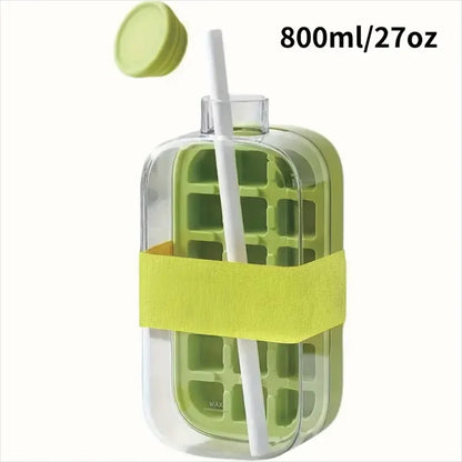Ice cube bottle with straw, 2-in-1 touchless push-type ice cube bottle, easy-to-detach water bottle ice mold