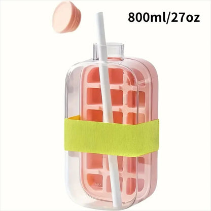 Ice cube bottle with straw, 2-in-1 touchless push-type ice cube bottle, easy-to-detach water bottle ice mold