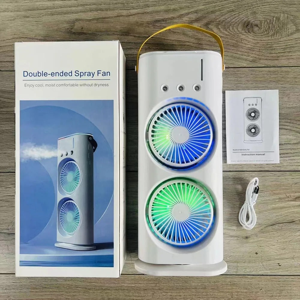 Dual Head Spray Tower Fan with Remote Control, Humidifier, Rechargeable Desk Fan with 3 Wind Speeds for Home, Office, Travel, and Camping
