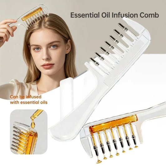 Hair oil applicator comb with a built-in liquid reservoir and roller/massage