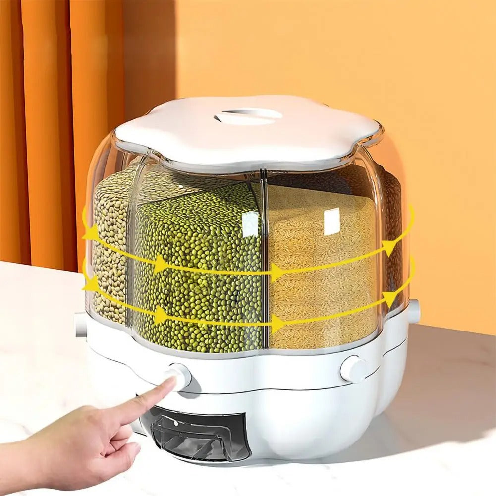 Rotating Grain Storage Bin Large Capacity 6 Grids Moisture-Proof Transparent Rice Divider Bean Grain Dispenser Bucket