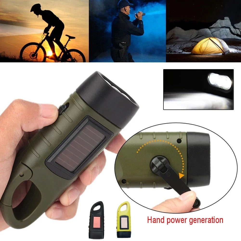 Hand Crank Solar Powered Flashlight, Emergency Rechargeable LED Survival Light with Quick Snap Carbiner