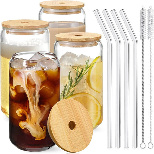 Glass Cup With Wooden Lid And Straw
