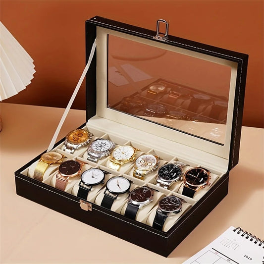 12-SLOT LEATHER WATCH STORAGE ORGANIZER BOX WITH DISPLAY LID