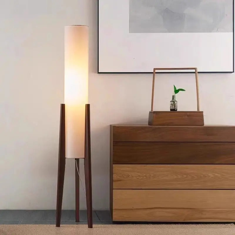 Japanese Wabi-Sabi floor lamp made of solid black walnut wood, Zen atmosphere