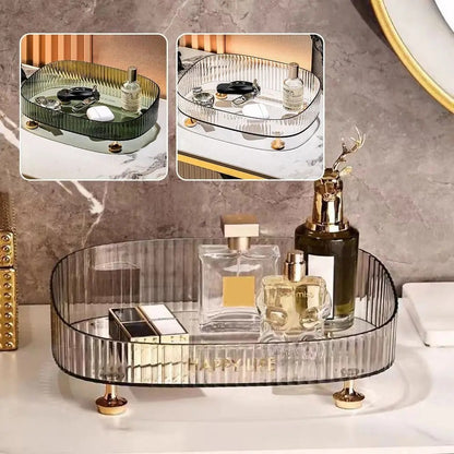 Large Capacity Makeup Perfume Organizer Anti-Slip with Gold Stand Bathroom Vanity Tray Transparent Cosmetics Desktop Storage Box
