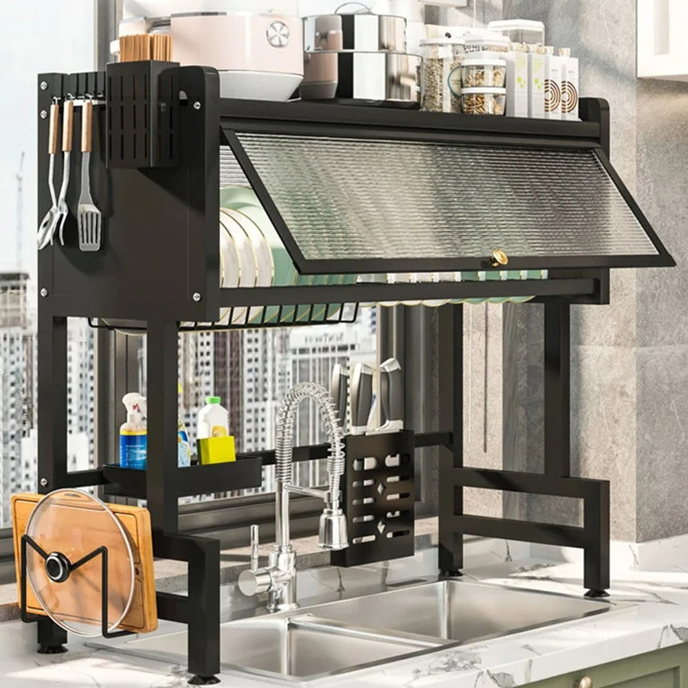 Steel kitchen cabinet above the sink, dish drainer