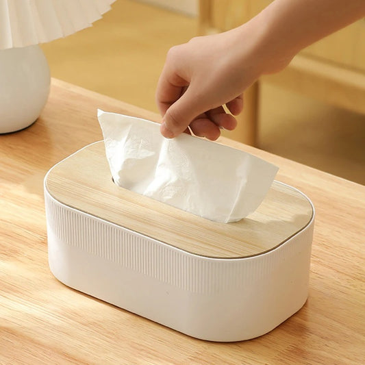 Plastic tissue box with wooden lid Scandinavian simplicity Style