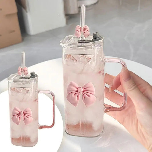 Korean-style glass mug with bow and straw lid, suitable for coffee cups