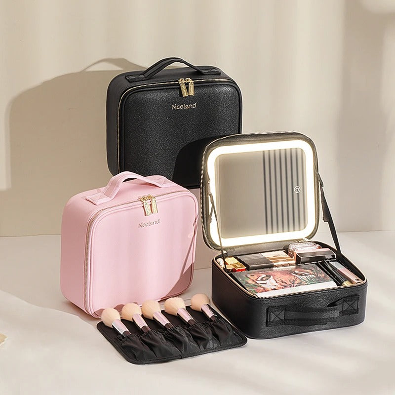 Makeup Travel Case With LED Illuminated Mirror, Travel Makeup Bag With Adjustable Dividers,