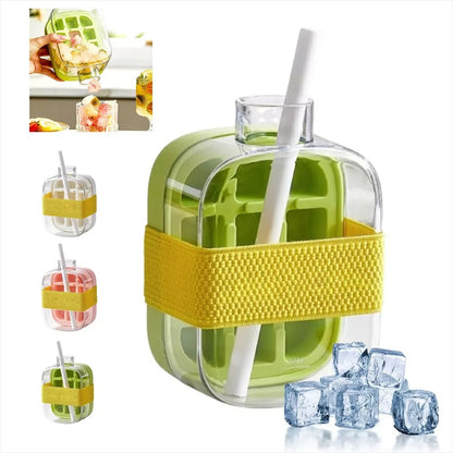 Ice cube bottle with straw, 2-in-1 touchless push-type ice cube bottle, easy-to-detach water bottle ice mold