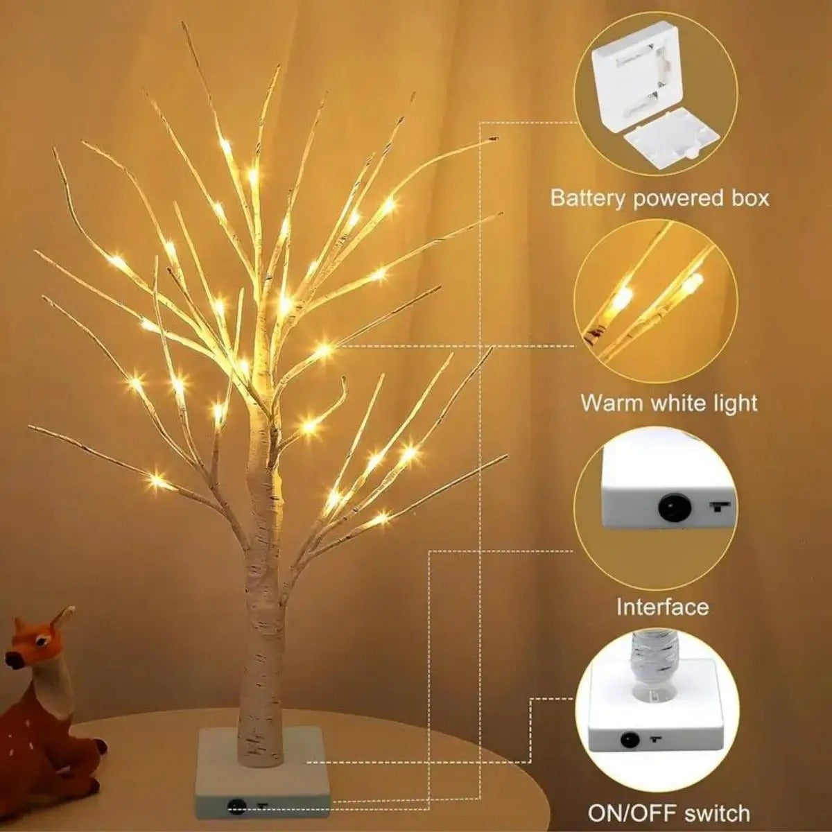 Birch tree lamp with 3 battery packs led lamp