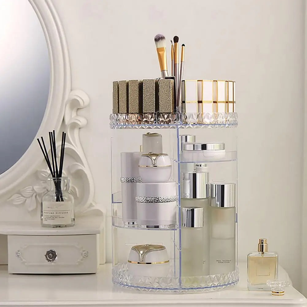 Cosmetic organizer storage box with 70% space-saving makeup organizer with large capacity and 360° rotating vanity design