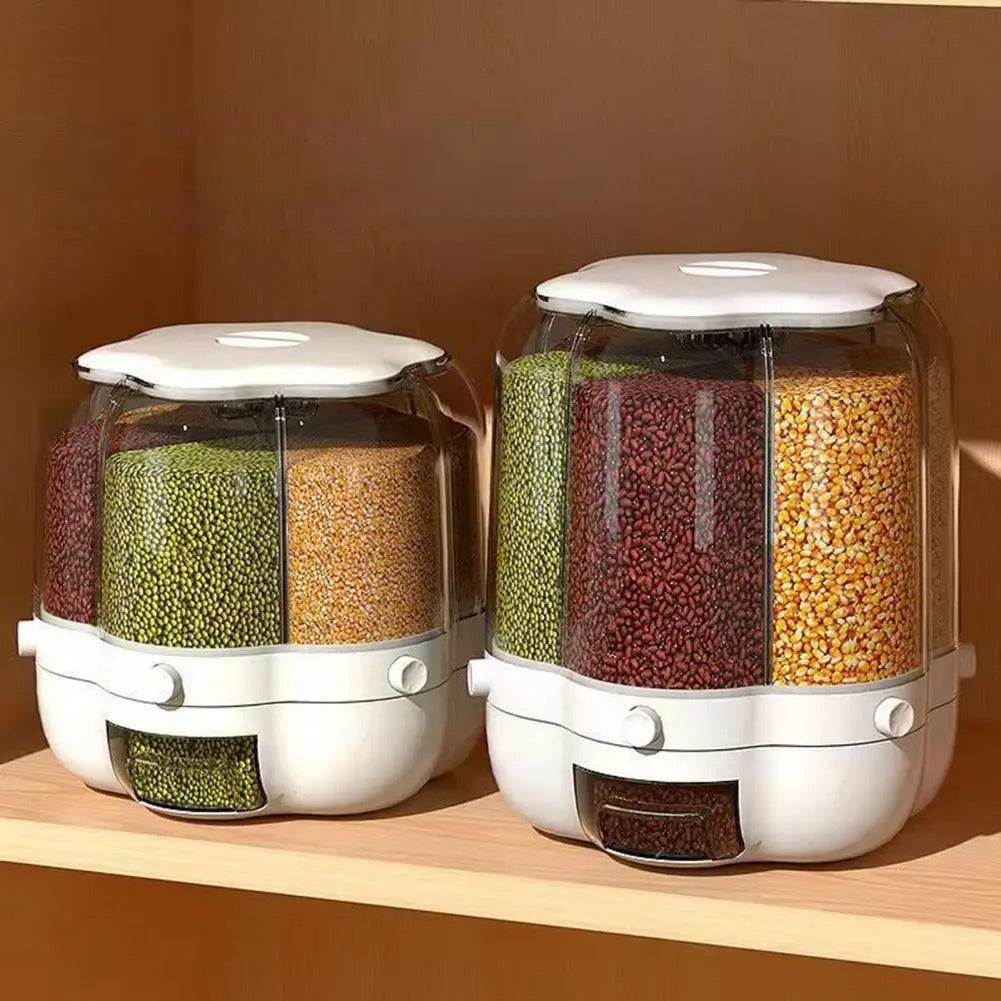 Rotating Grain Storage Bin Large Capacity 6 Grids Moisture-Proof Transparent Rice Divider Bean Grain Dispenser Bucket