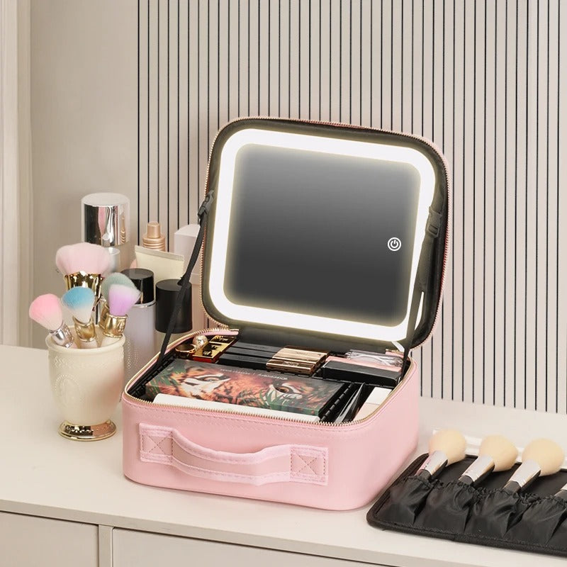 Makeup Travel Case With LED Illuminated Mirror, Travel Makeup Bag With Adjustable Dividers,