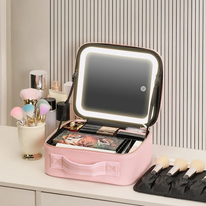 Makeup Travel Case With LED Illuminated Mirror, Travel Makeup Bag With Adjustable Dividers,