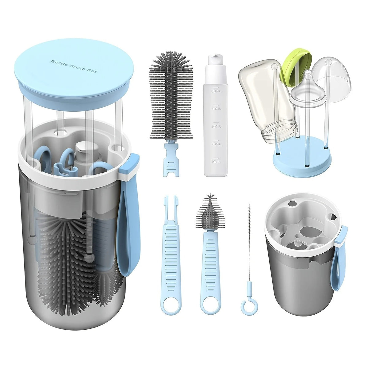 Portable Bottle Brush Set Silicone Bottle Brush Nipple Brush Drain Rack for Travel