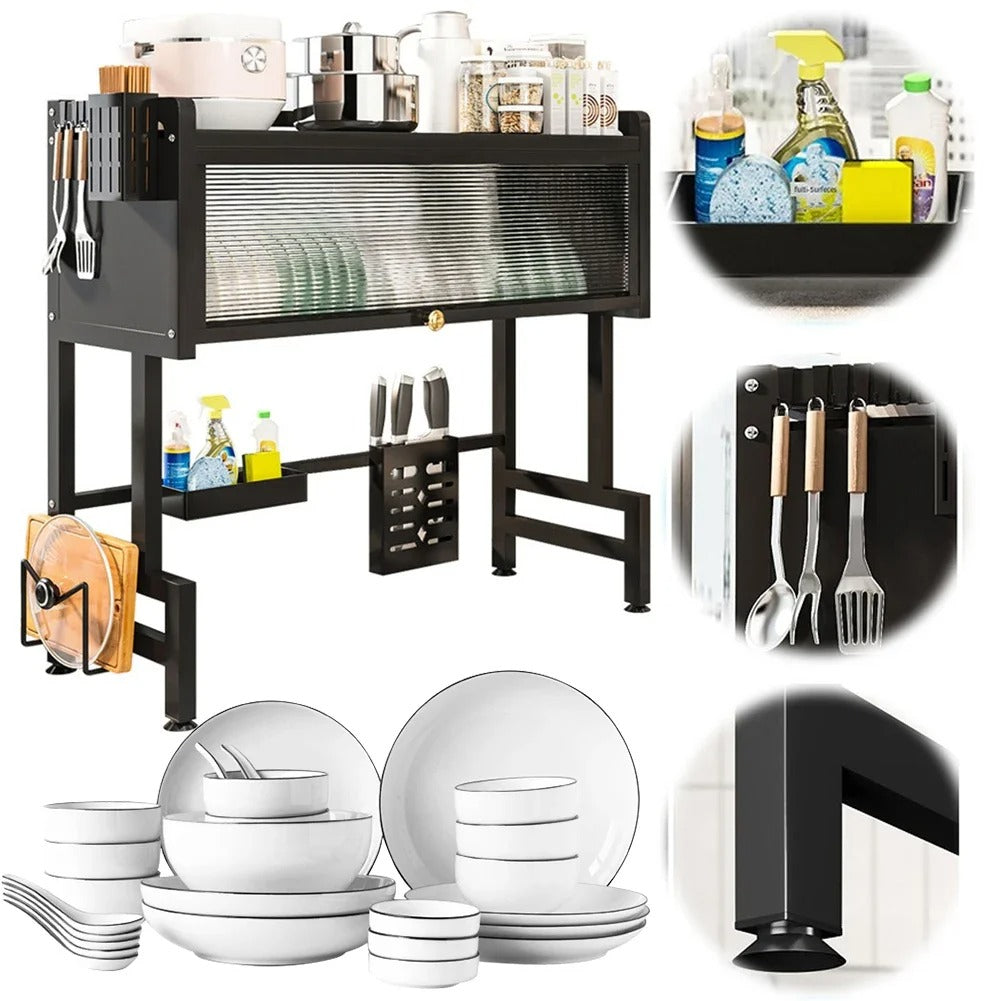 Steel kitchen cabinet above the sink, dish drainer