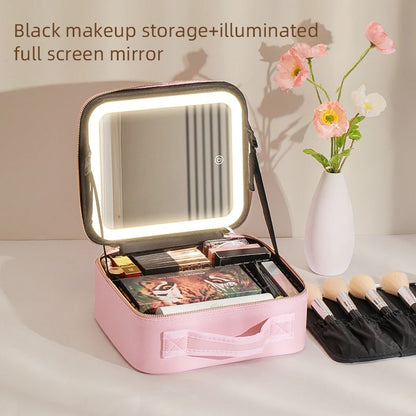 Makeup Travel Case With LED Illuminated Mirror, Travel Makeup Bag With Adjustable Dividers,