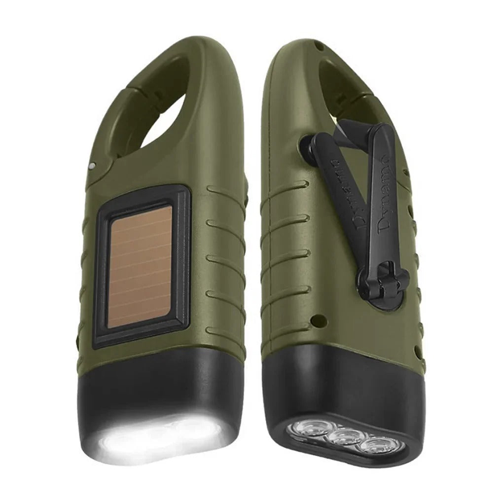Hand Crank Solar Powered Flashlight, Emergency Rechargeable LED Survival Light with Quick Snap Carbiner
