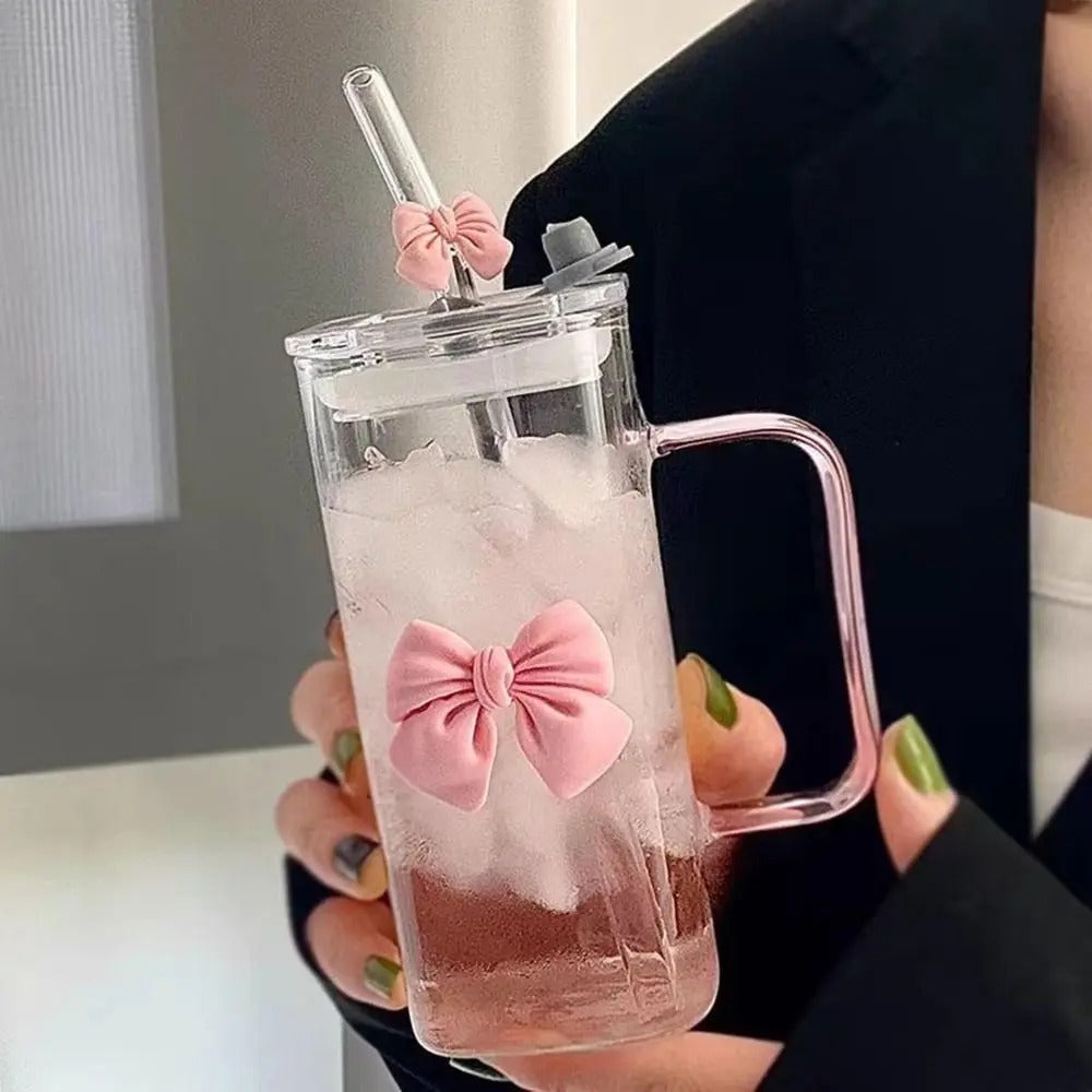 Korean-style glass mug with bow and straw lid, suitable for coffee cups
