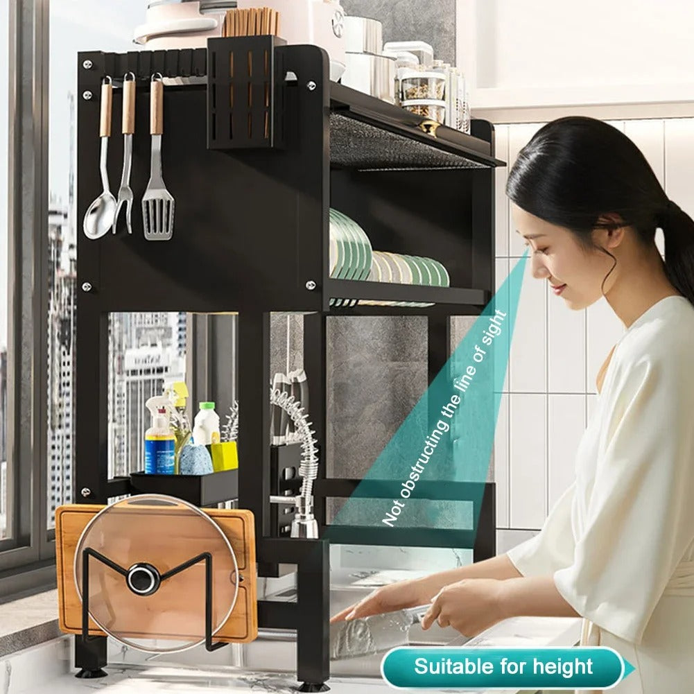 Steel kitchen cabinet above the sink, dish drainer