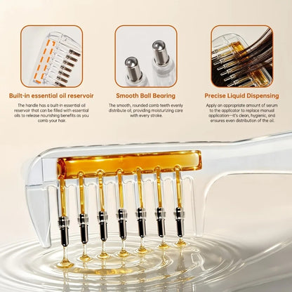 Hair oil applicator comb with a built-in liquid reservoir and roller/massage