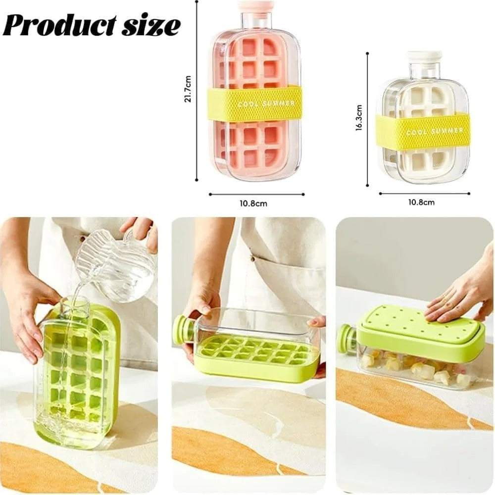 Ice cube bottle with straw, 2-in-1 touchless push-type ice cube bottle, easy-to-detach water bottle ice mold
