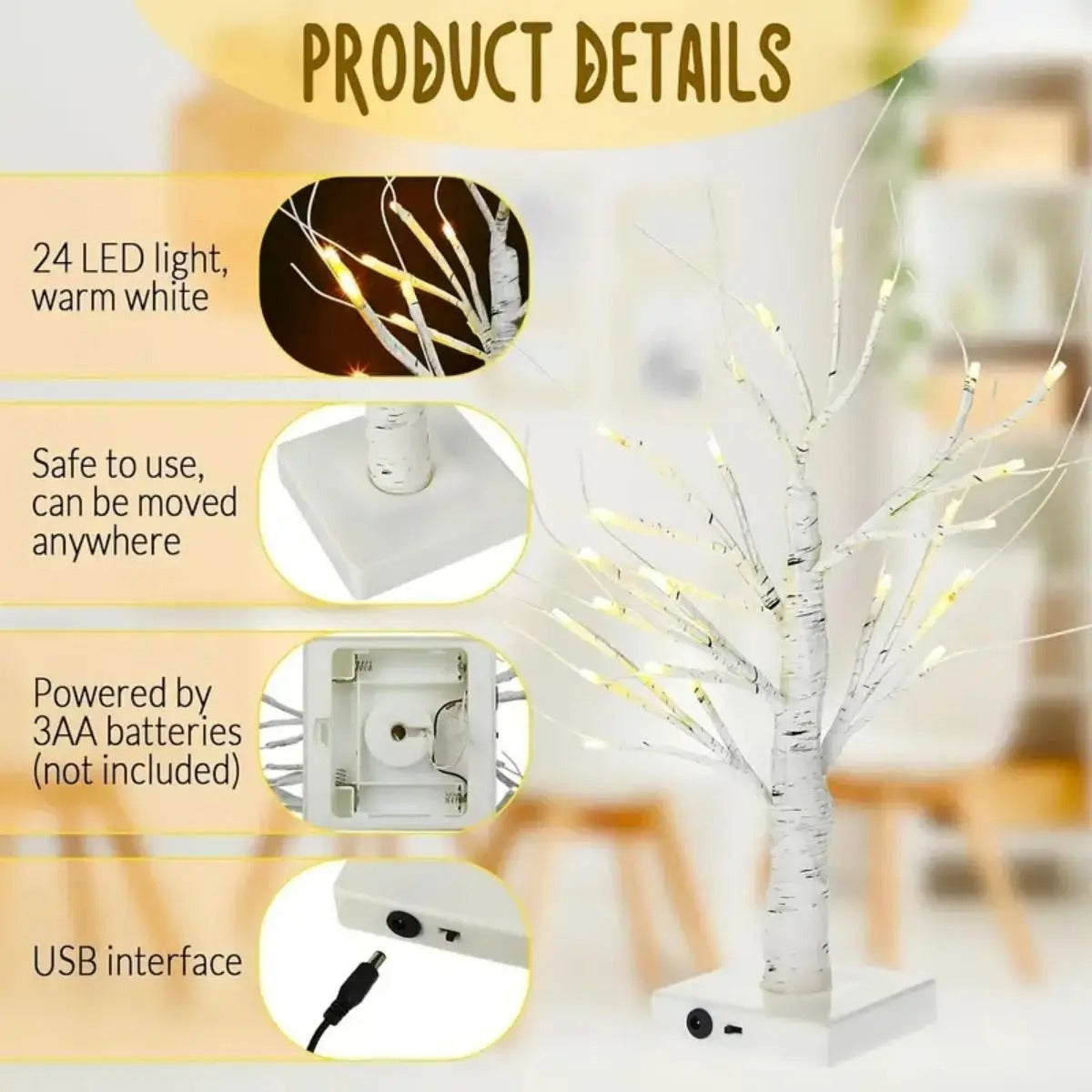 Birch tree lamp with 3 battery packs led lamp