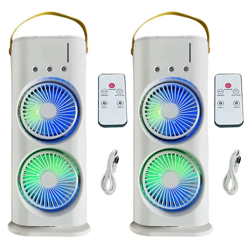 Dual Head Spray Tower Fan with Remote Control, Humidifier, Rechargeable Desk Fan with 3 Wind Speeds for Home, Office, Travel, and Camping