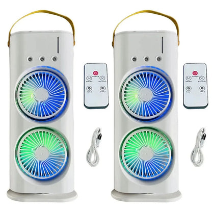 Dual Head Spray Tower Fan with Remote Control, Humidifier, Rechargeable Desk Fan with 3 Wind Speeds for Home, Office, Travel, and Camping