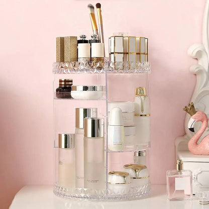 Cosmetic organizer storage box with 70% space-saving makeup organizer with large capacity and 360° rotating vanity design