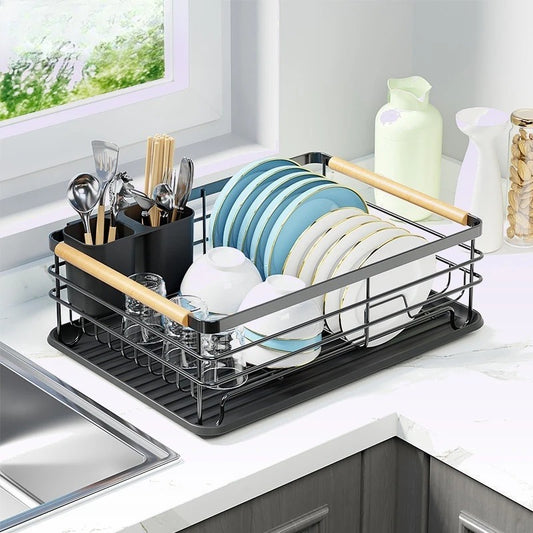 Metal Dish Rack With Wooden Handle