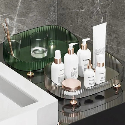 Large Capacity Makeup Perfume Organizer Anti-Slip with Gold Stand Bathroom Vanity Tray Transparent Cosmetics Desktop Storage Box