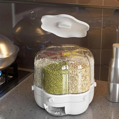 Rotating Grain Storage Bin Large Capacity 6 Grids Moisture-Proof Transparent Rice Divider Bean Grain Dispenser Bucket