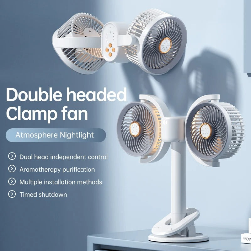 Dual head, independent control, multi-angle fan, vertical/clip-on, height adjustable