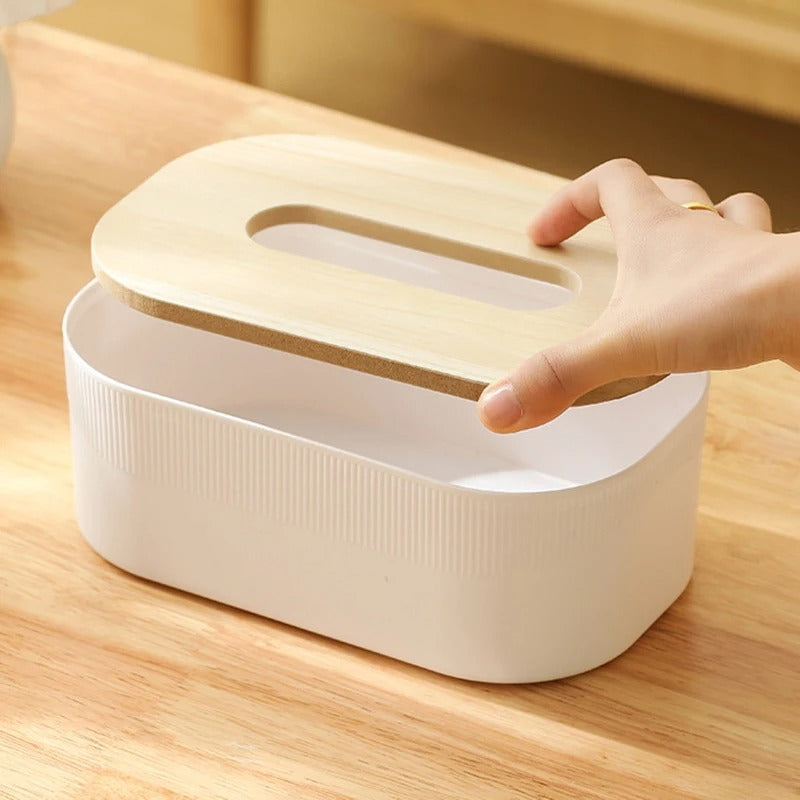 Plastic tissue box with wooden lid Scandinavian simplicity Style
