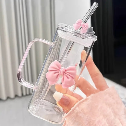 Korean-style glass mug with bow and straw lid, suitable for coffee cups