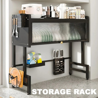 Steel kitchen cabinet above the sink, dish drainer